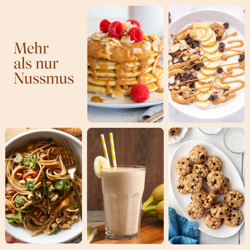 Bilder verschiedener Einsatzmöglichkeiten vom Erdnussmus, z.B. Kekse, Pancakes, Shakes, Porridge oder deftige Gerichte