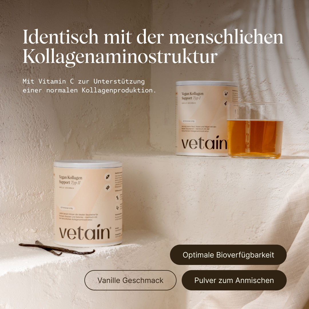 Vegan Kollagen Support Typ 1 und Typ 2: Infos zum Produkt, Kollagen Support-Getränk in einem Glas