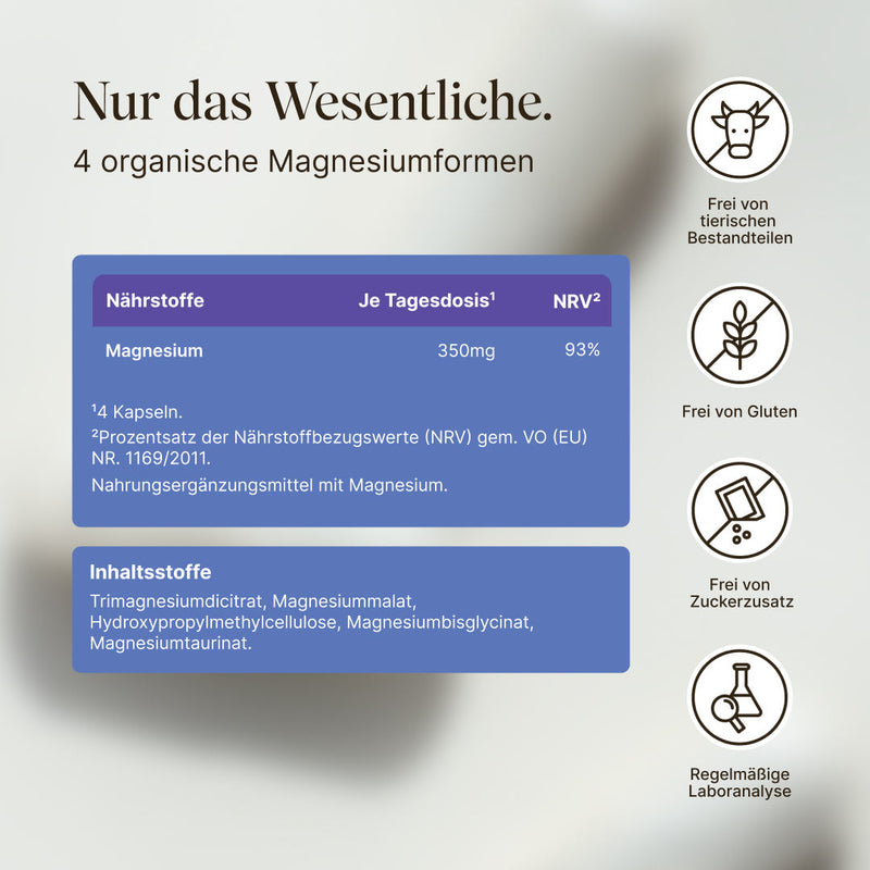 Vetain Magnesium Komplex. darstellung der Nährwerte und Zusammensetzung. Frei von tierischen Bestandteilen, frei von Gluten, Frei von Zuckerzusatz, laborgeprüft
