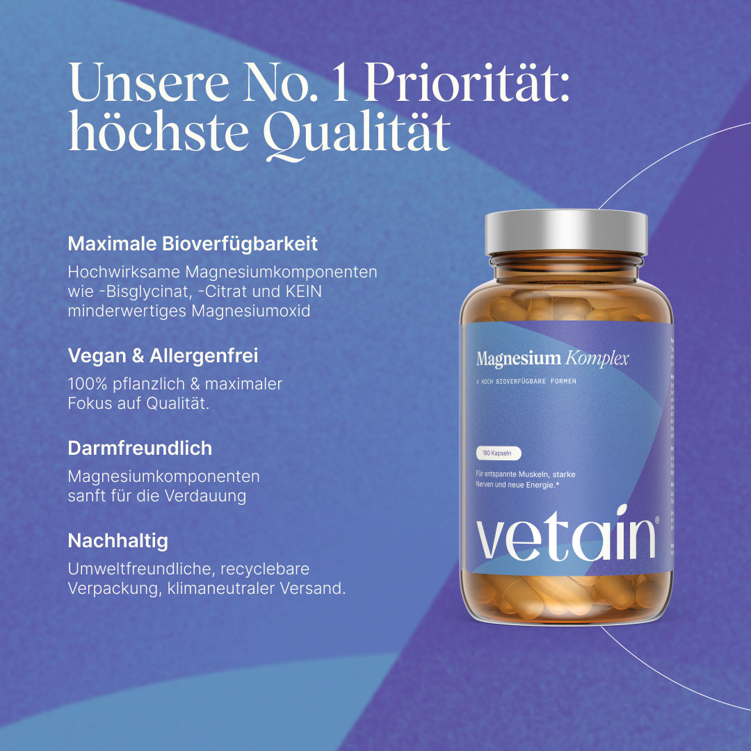 Vetain Magnesium Komplex mit maximaler Bioverfügbarkeit, vegan & allergenfrei, ideal für veganen & vegetarischen Lifestyle und nachhaltig in einer Glasdose verpackt
