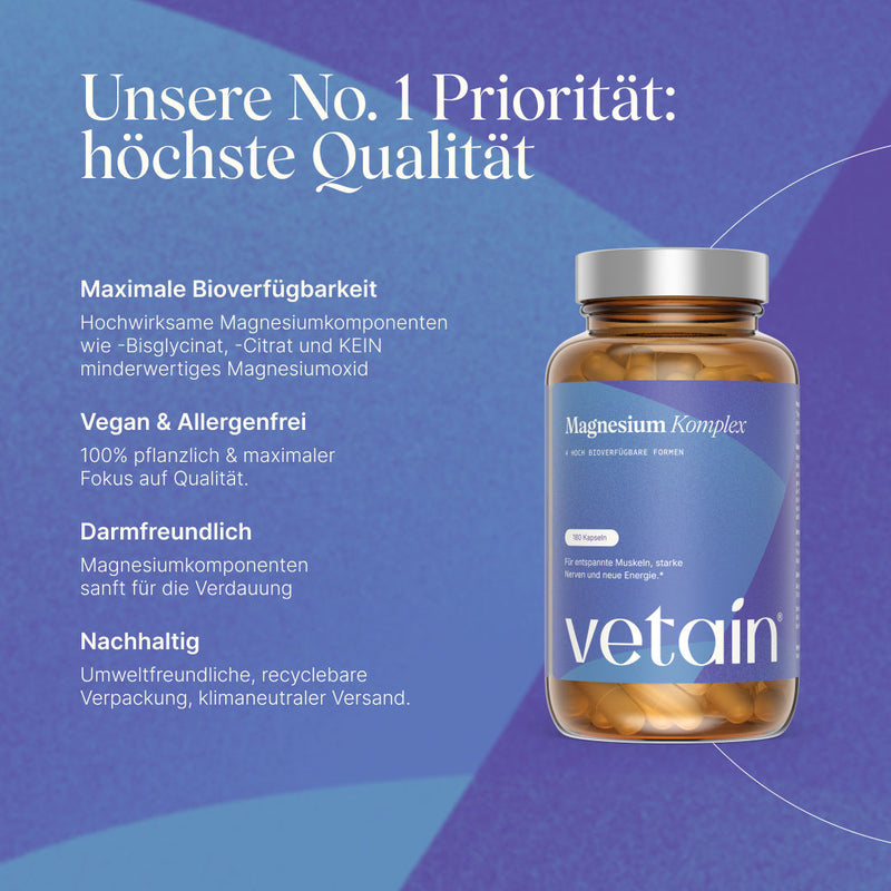 Vetain Magnesium Komplex mit maximaler Bioverfügbarkeit, vegan & allergenfrei, ideal für veganen & vegetarischen Lifestyle und nachhaltig in einer Glasdose verpackt