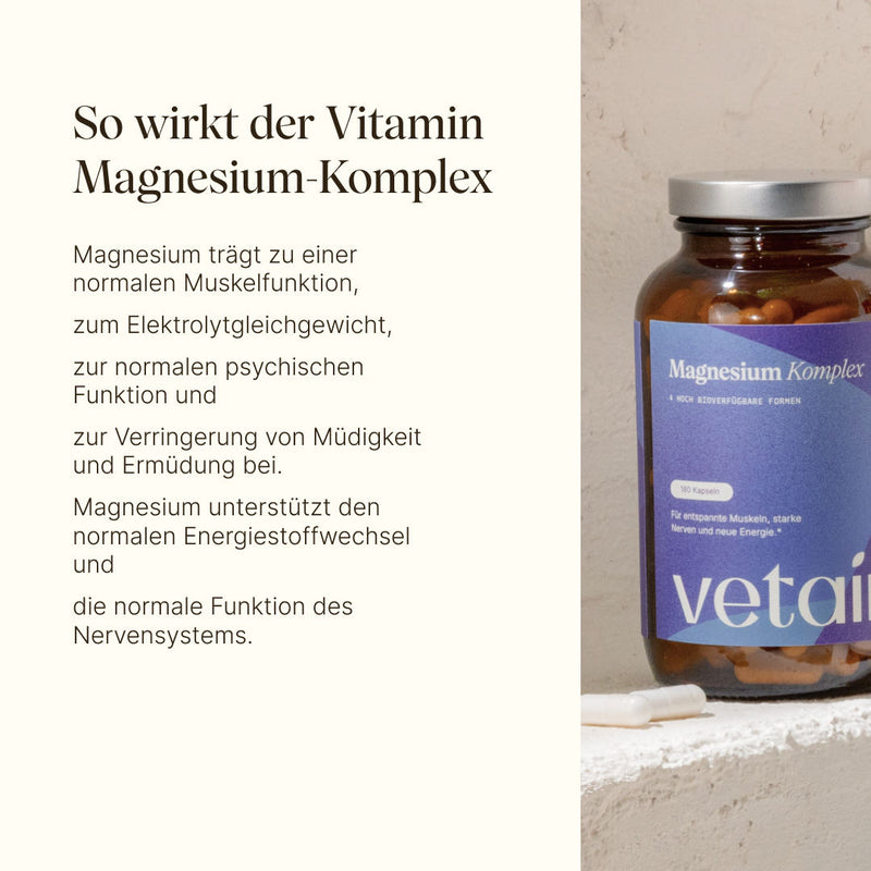Auflistung der Wirkungsweise von Magnesium Komplex und zu was dieses alles beiträgt wie einer normalen Muskelfunktion, zum Elektrolytgleichgewicht, Verringerung von Müdigkeit und weitere