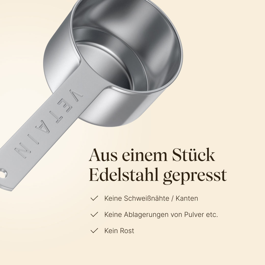 Aus einem Stück Edelstahl gepresst. Keine Schweißnähte oder Kanten, keine Ablagerungen von Pulver, kein Rost