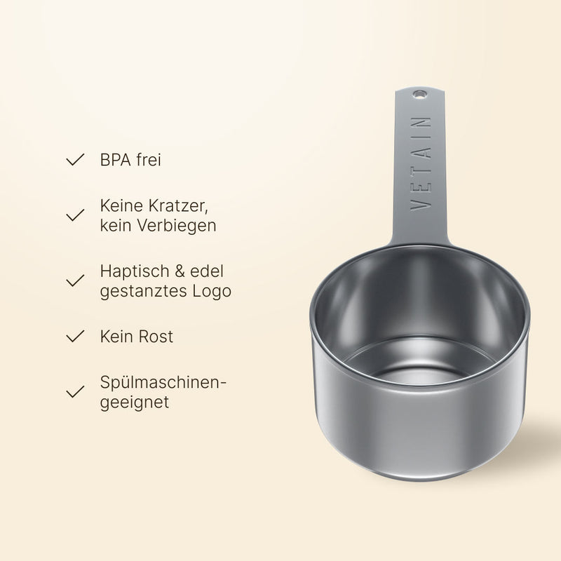 Vetains Edelstahl Scoop ist BPA frei, keine Kratzer, kein Verbiegen, haptisch und edel gestanztes Logo, kein Rost, spülmaschinengeeignet 