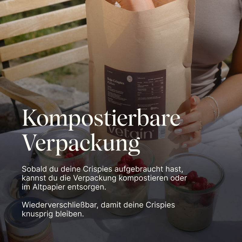 Vetain Soja Crispies in einer kompostierbaren Verpackung