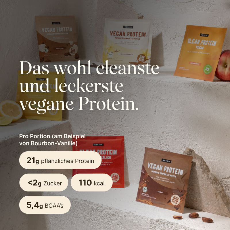 Vegan Protein Probierpaket: Das wohl cleanste und leckerste vegane Protein, Nährwertangaben pro Portion am Beispiel von Bourbon-Vanille