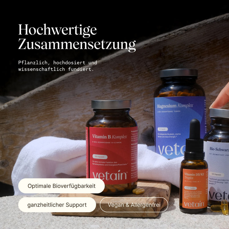 Verschiedene Nahrungsergänzungsmittel mit Infos zu den Produkten und deren Zusammensetzung