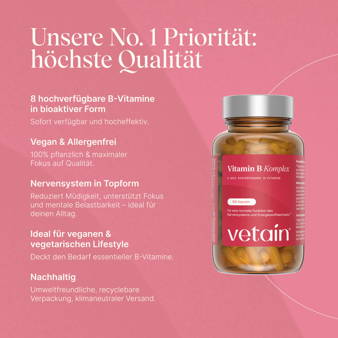 Vetain Vitamin B Komplex mit 8 hochverfügbaren B-Vitamine in bioaktiver Form, vegan & allergenfrei, ideal für veganen & vegetarischen Lifestyle und nachhaltig in einer Glasdose verpackt