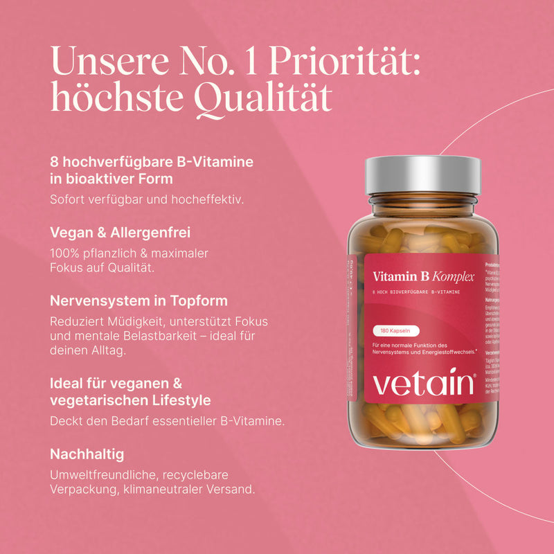 Vetain Vitamin B Komplex mit 8 hochverfügbaren B-Vitamine in bioaktiver Form, vegan & allergenfrei, ideal für veganen & vegetarischen Lifestyle und nachhaltig in einer Glasdose verpackt