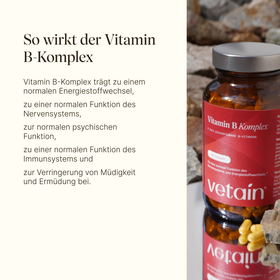 Auflistung der Wirkungsweise von Vitamin B-Komplex und zu was dieses alles beiträgt wie einem normalen Energiestoffwechseln, psychische Gesundheit, Verringern von Müdigkeit und mehr