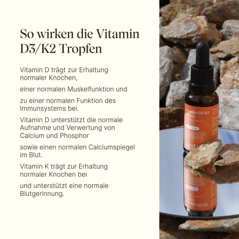 Auflistung der Wirkungsweise von Vitamin D3/K2 und zu was dieses alles beiträgt wie der Erhaltung normaler Knochen, normale Muskelfunktion, normaler Calciumspiegel und weitere