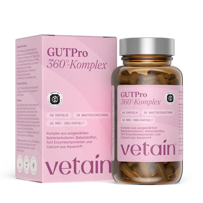 Vetain GUTPro 360°-Komplex – rosa Produktkarton und Braunglas-Dose mit 60 Kapseln, 30 Bakterienstämmen und 30 Mrd. KBE pro Kapsel, auf weißem Hintergrund.