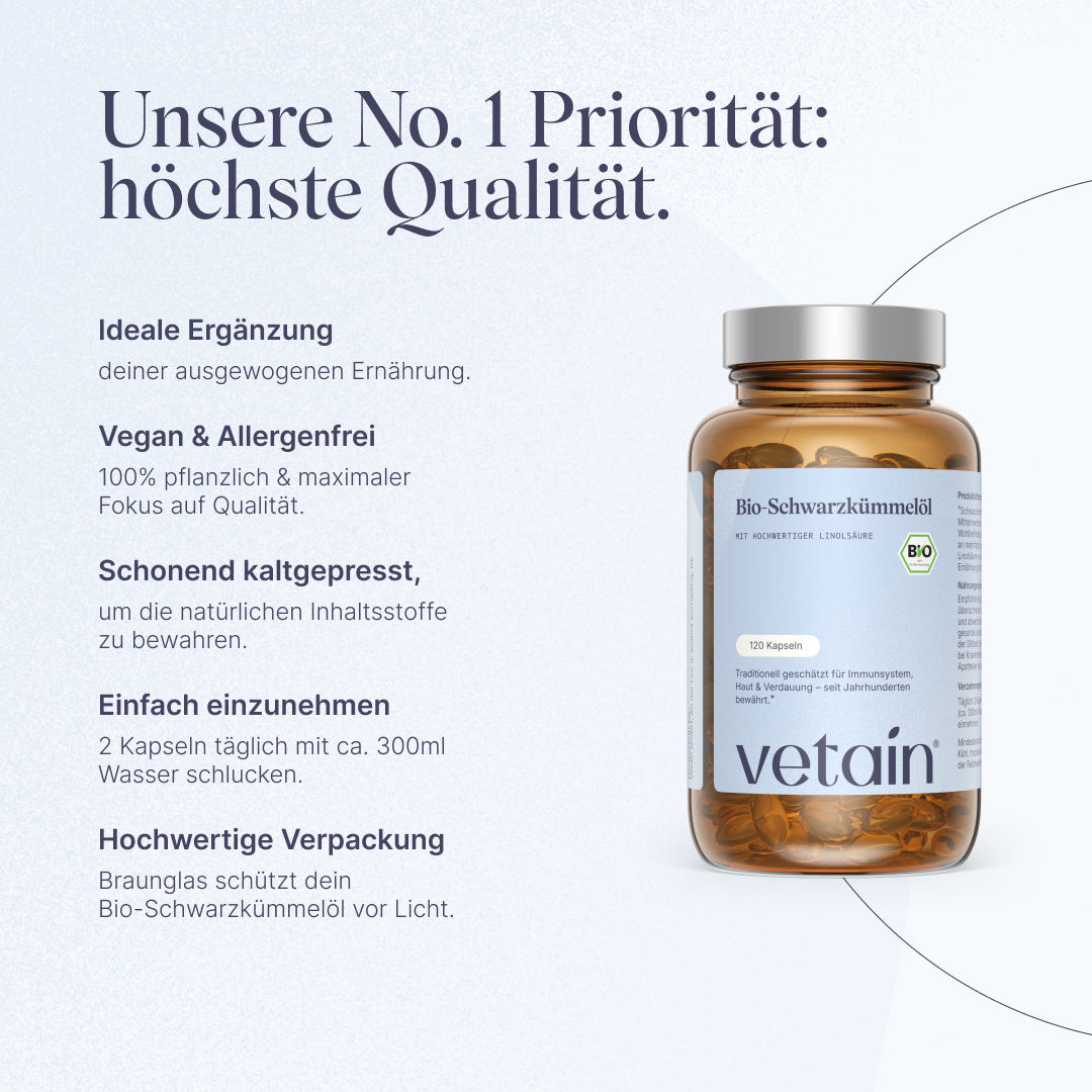 Vetain Schwarzkümmelöl schonend kaltgepresst, vegan & allergenfrei, ideal für veganen & vegetarischen Lifestyle und nachhaltig in einer Glasdose verpack