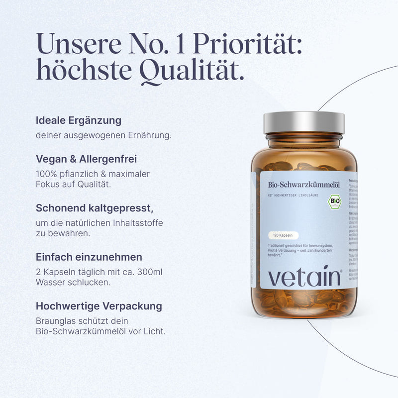 Vetain Schwarzkümmelöl schonend kaltgepresst, vegan & allergenfrei, ideal für veganen & vegetarischen Lifestyle und nachhaltig in einer Glasdose verpack