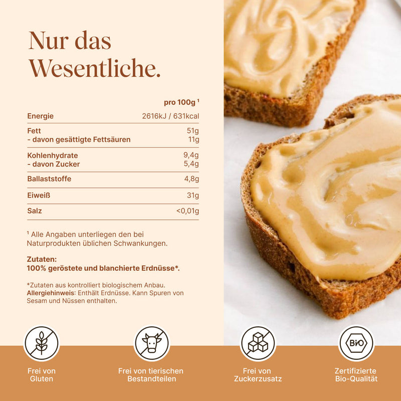 Vetain Erdnussmus Auflistung der Nährwerte und USPs wie frei von Gluten, frei von tierischen Bestandteilen, frei von Zuckerzusatz, zertifizierte Bio-Qualität