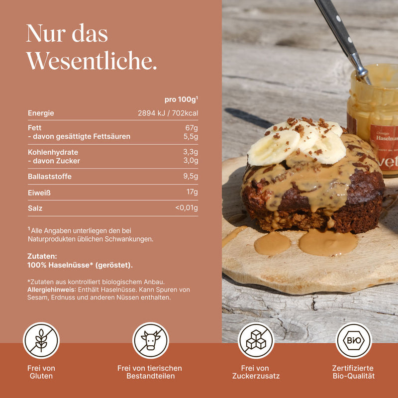 Vetain Haselnussmus Auflistung der Nährwerte und USPs wie frei von Gluten, frei von tierischen Bestandteilen, frei von Zuckerzusatz, zertifizierte Bio-Qualität
