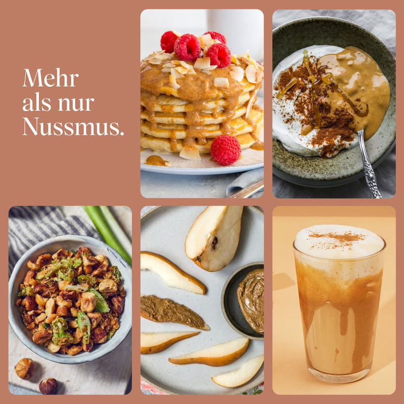 Bilder verschiedener Einsatzmöglichkeiten vom Erdnussmus, z.B. Kekse, Pancakes, Shakes, Porridge oder deftige Gerichte