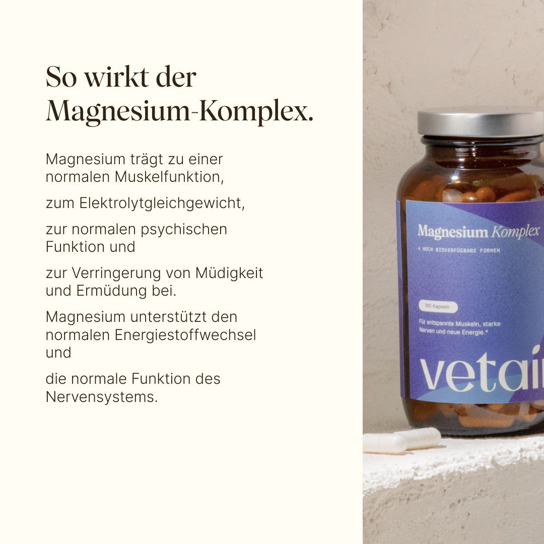 Auflistung der Wirkungsweise von Magnesium Komplex und zu was dieses alles beiträgt wie einer normalen Muskelfunktion, zum Elektrolytgleichgewicht, Verringerung von Müdigkeit und weitere