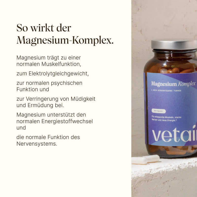 Auflistung der Wirkungsweise von Magnesium Komplex und zu was dieses alles beiträgt wie einer normalen Muskelfunktion, zum Elektrolytgleichgewicht, Verringerung von Müdigkeit und weitere