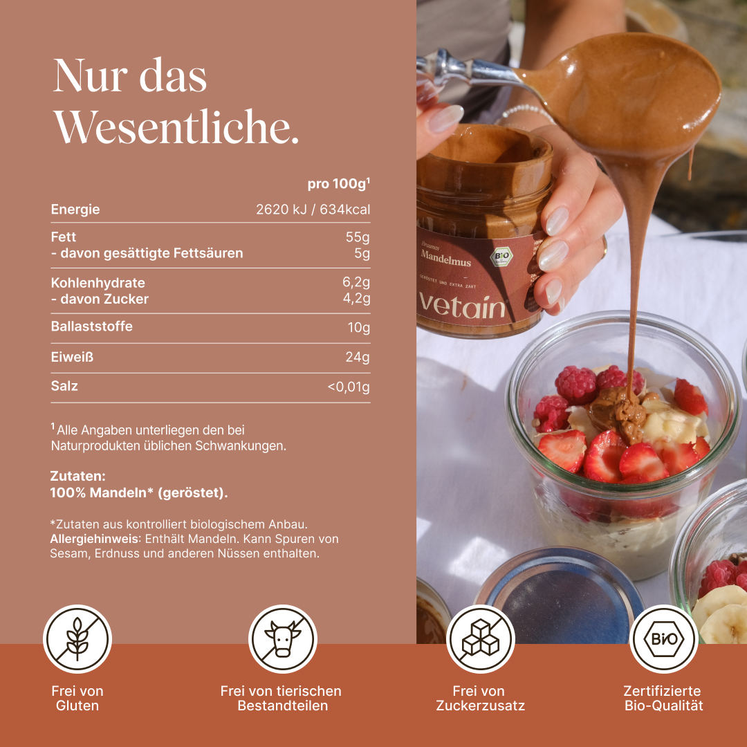 Vetain Mandelmus Auflistung der Nährwerte und USPs wie frei von Gluten, frei von tierischen Bestandteilen, frei von Zuckerzusatz, zertifizierte Bio-Qualität