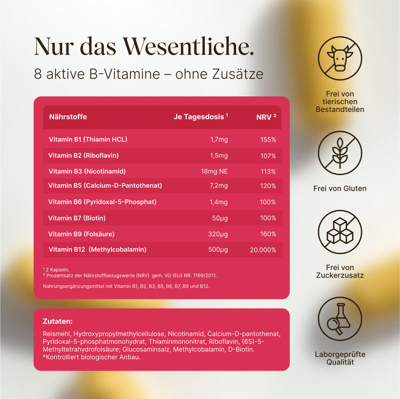 Vetain Vitamin B Komplex. darstellung der Nährwerte und Zusammensetzung. Frei von tierischen Bestandteilen, frei von Gluten, Frei von Zuckerzusatz, laborgeprüft