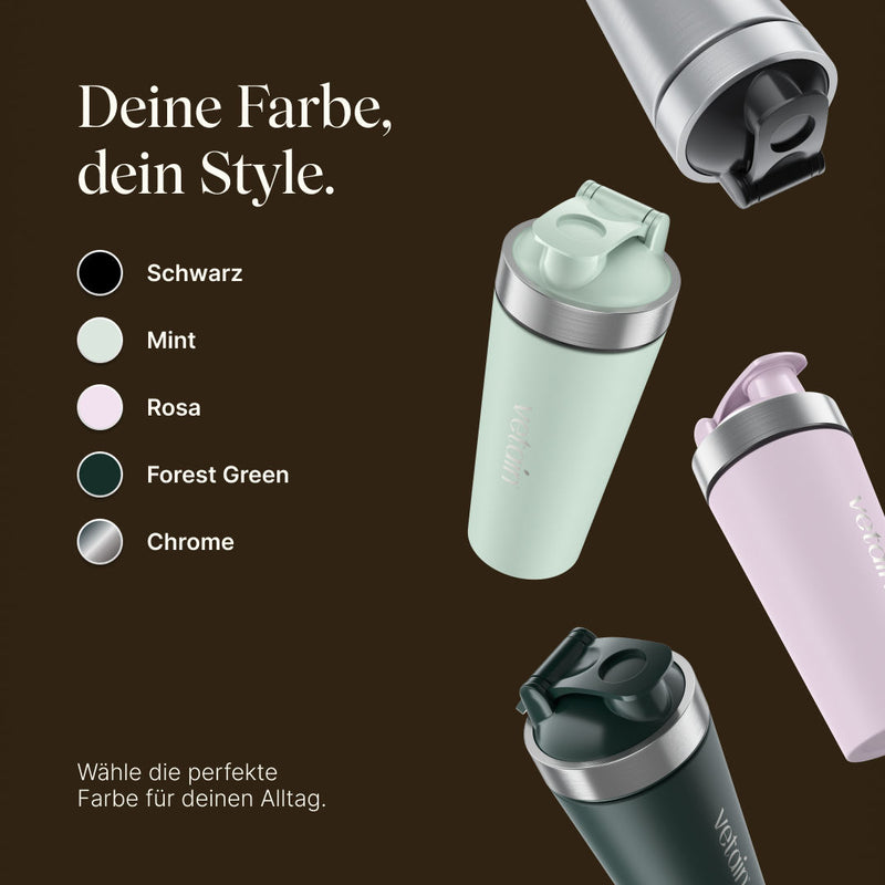 Vetain stainless steel shaker in several colors against a dark brown background; color options Black, Mint, Pink, Forest Green, and Chrome. Heading “Your color, your style.”