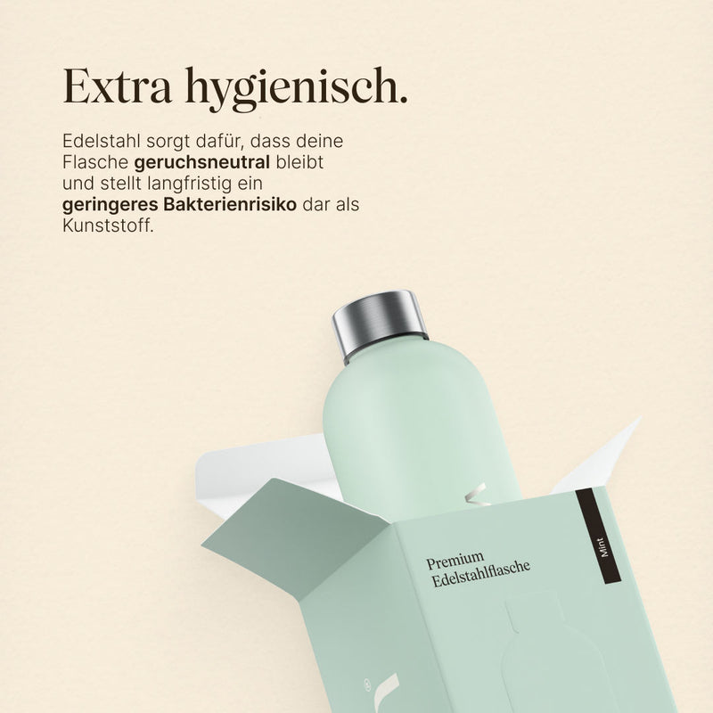 Die Vetain Edelstahlflasche ist extra hygienisch. Edelstahl sorgt dafür, dass deine Flasche geruchsneutral bleibt und stellt langfristig ein geringeres Bakterienrisiko dar als Kunststoff.