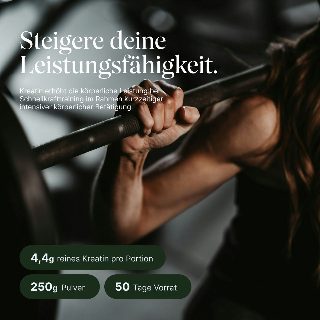 veganes Kreatin Monohydrat von Vetain: Infos zur Leistungsfähigkeit und Fakten zum Produkt. 4,4g reines Kreatin pro Portion, 250g Pulver, 50 Tage Vorrat