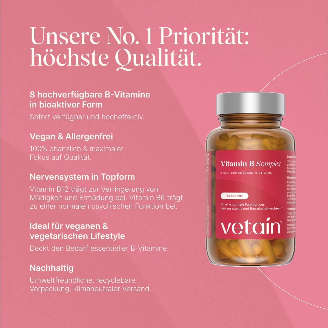 Vetain Vitamin B Komplex mit 8 hochverfügbaren B-Vitamine in bioaktiver Form, vegan & allergenfrei, ideal für veganen & vegetarischen Lifestyle und nachhaltig in einer Glasdose verpackt