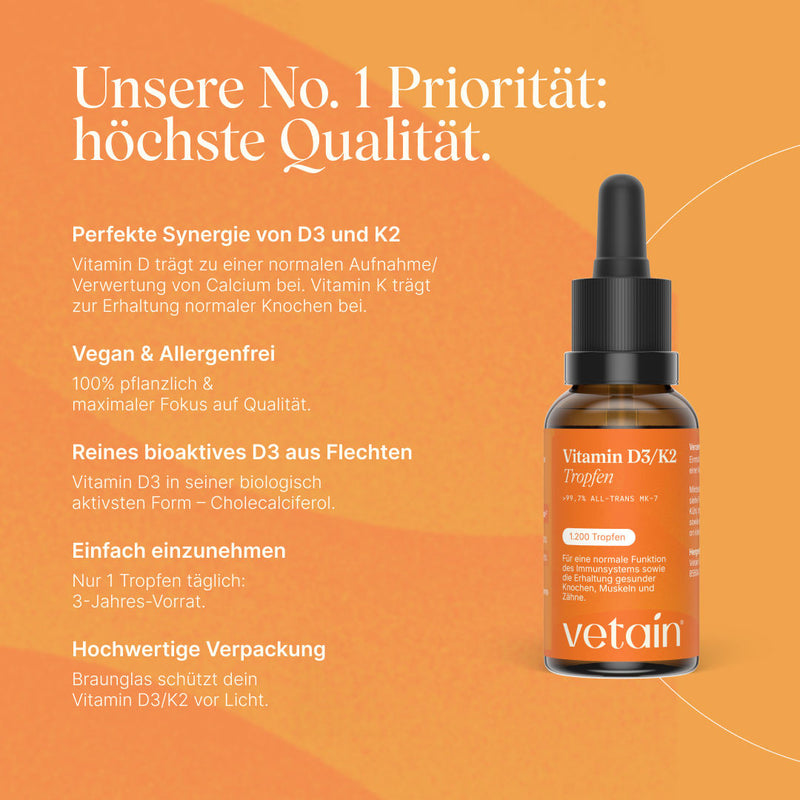 Vetain Vitamin D3/K2 Tropfen mit perfekter Synergie von D3 und K2, vegan & allergenfrei, ideal für veganen & vegetarischen Lifestyle und nachhaltig in einer Glasdose verpack, reines bioaktives D3 aus Flechten