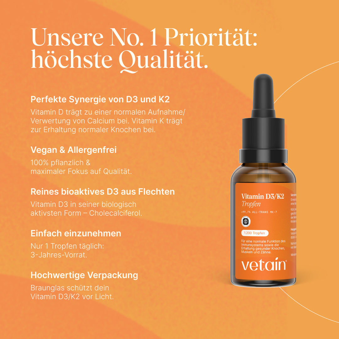 Vetain Vitamin D3/K2 Drops in Amber Glass with 1,200 Drops – Quality Features at a Glance