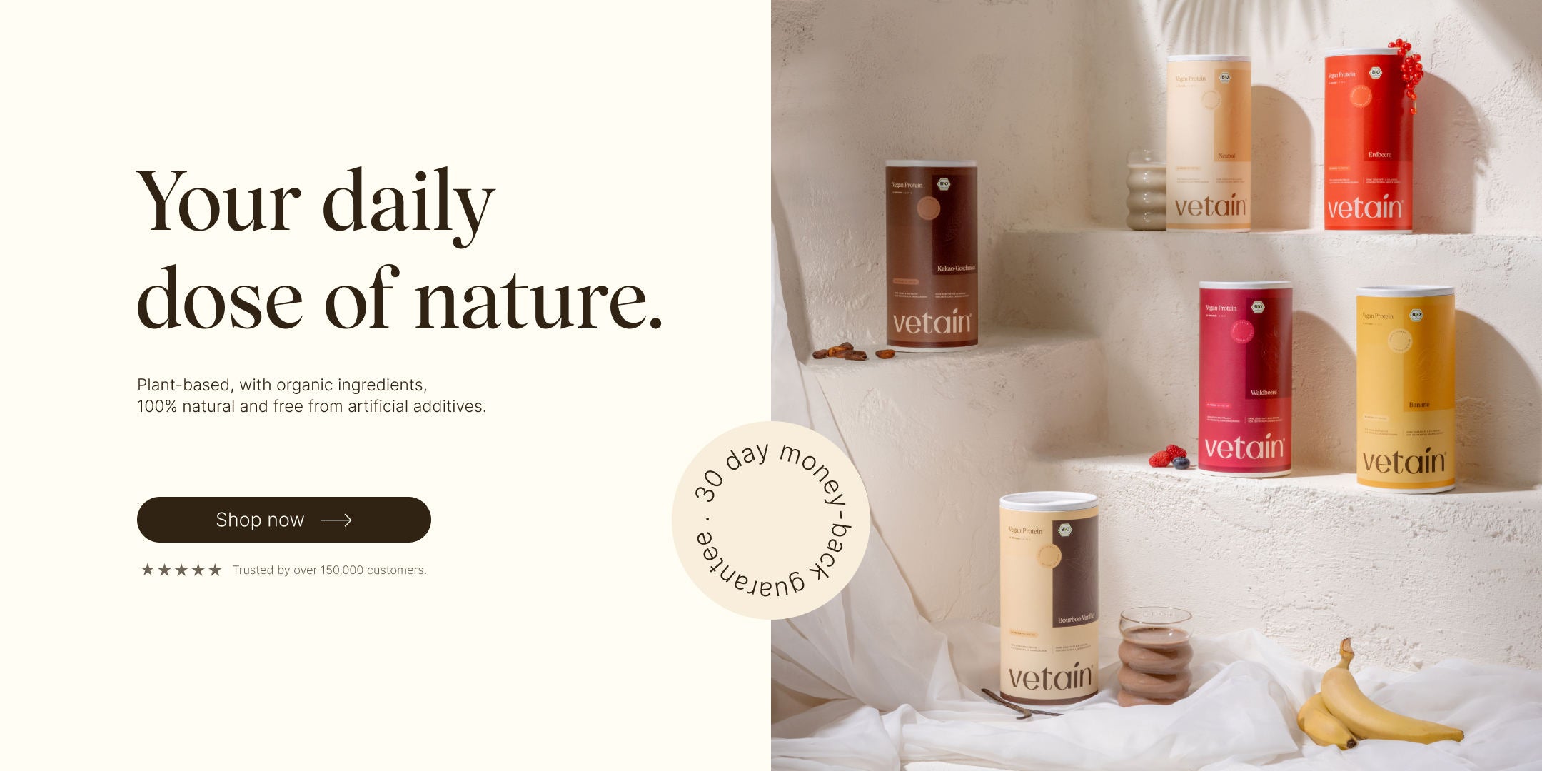 Vetain products. Your daily dose of nature. Plant-based, with organic ingredients, 100% natural, and free from artificial additives. Discover now. With a 30-day money-back guarantee.