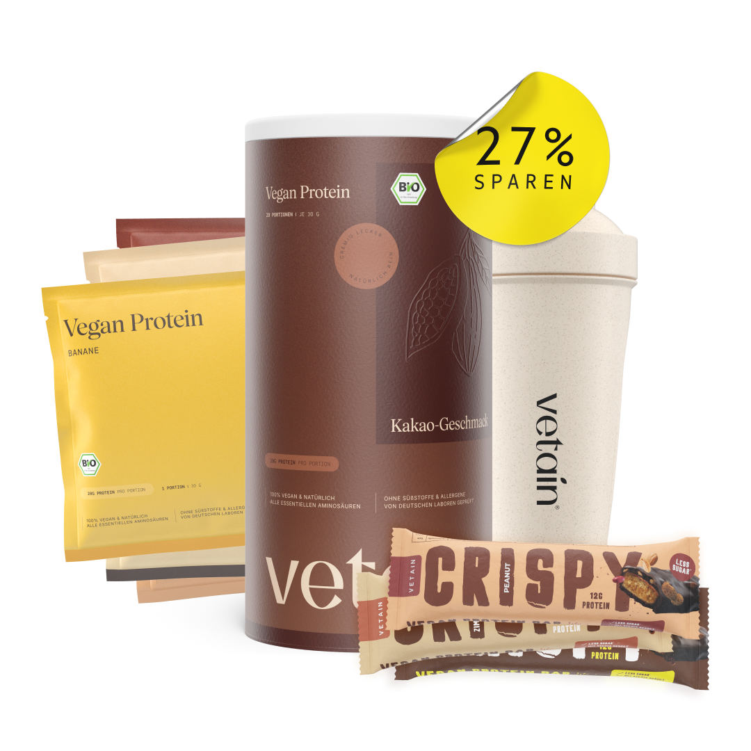 Bundle mit Vetain Vegan Protein Kakao-Geschmack, Crispy Proteinriegel Brownie, Zimtschnecke und Peanut, Vegan Protein Sample Banane, Haselnuss, Iced-Coffee, Neutral und Zimt und ein Bio-Shaker. 27% billiger