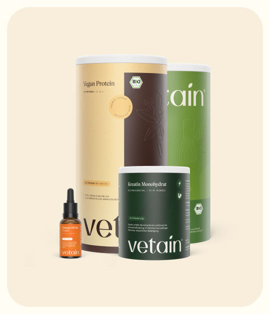 Vetain Produktauswahl von veganem Proteinpulver, über Kreatin zu Supplements wie Vitamin D3/K2