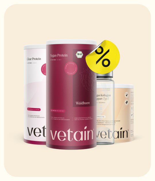 Vetains Vorteilspakete zum sparen. Veganes Proteinpulver Beere, Clear Protein Cherry-Sour, Trinkflasche, Kollagen