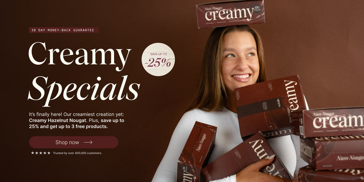 Vetain Creamy Specials banner: smiling woman holding several Creamy Hazelnut Nougat boxes, with up to 25% off and a 30-day money-back guarantee.