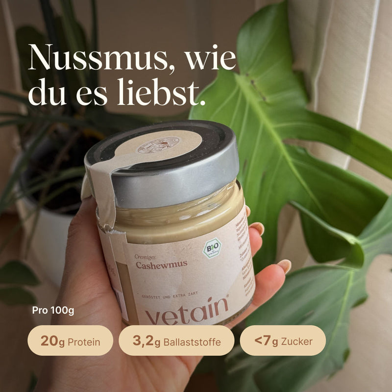 Vetains Cashewmus mit 20g Protein, 3,2g Ballaststoffen und unter 7g Zucker