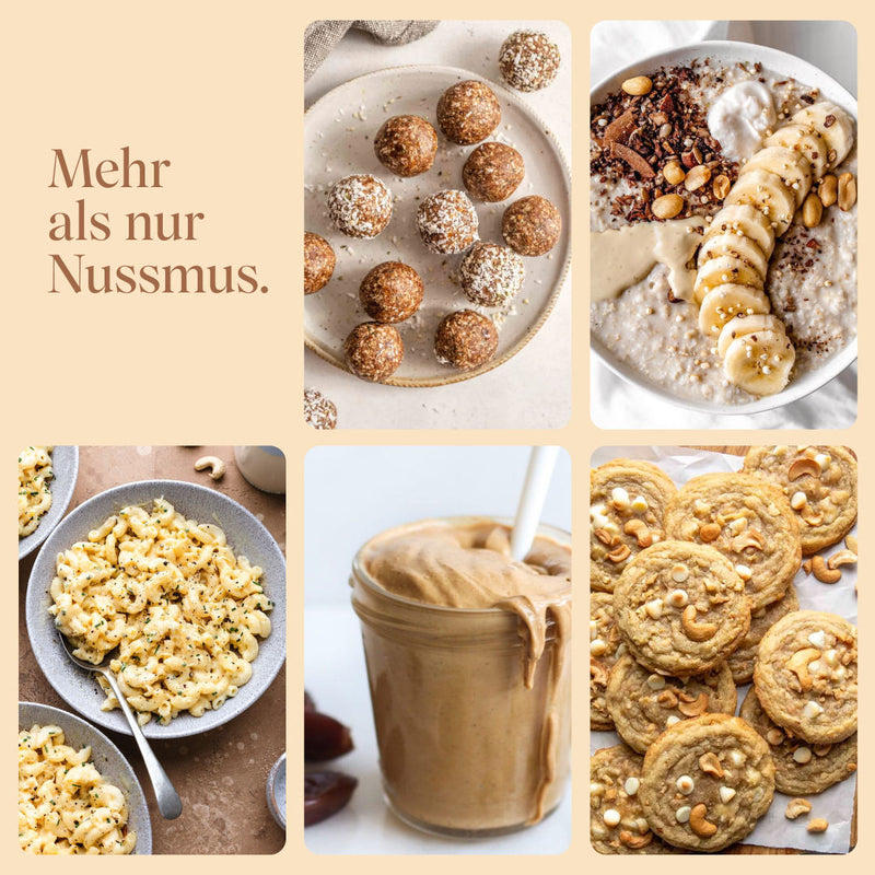 Mehr als nur Nussmus. Abbildung verschiedener Anwendungen vom Nussmus wie Porridige, Protein Balls, Kekse und mehr