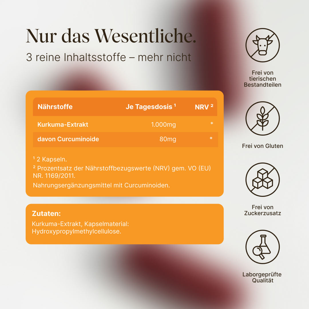Vetain Curcumin Kapseln mit 3 reinen Inhaltsstoffen - mehr nicht. Frei von tierischen Bestandteilen, frei von Gluten, frei von Zuckerzusatz, laborgeprüfte Qualität