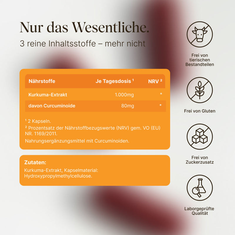 Vetain Curcumin Kapseln mit 3 reinen Inhaltsstoffen - mehr nicht. Frei von tierischen Bestandteilen, frei von Gluten, frei von Zuckerzusatz, laborgeprüfte Qualität