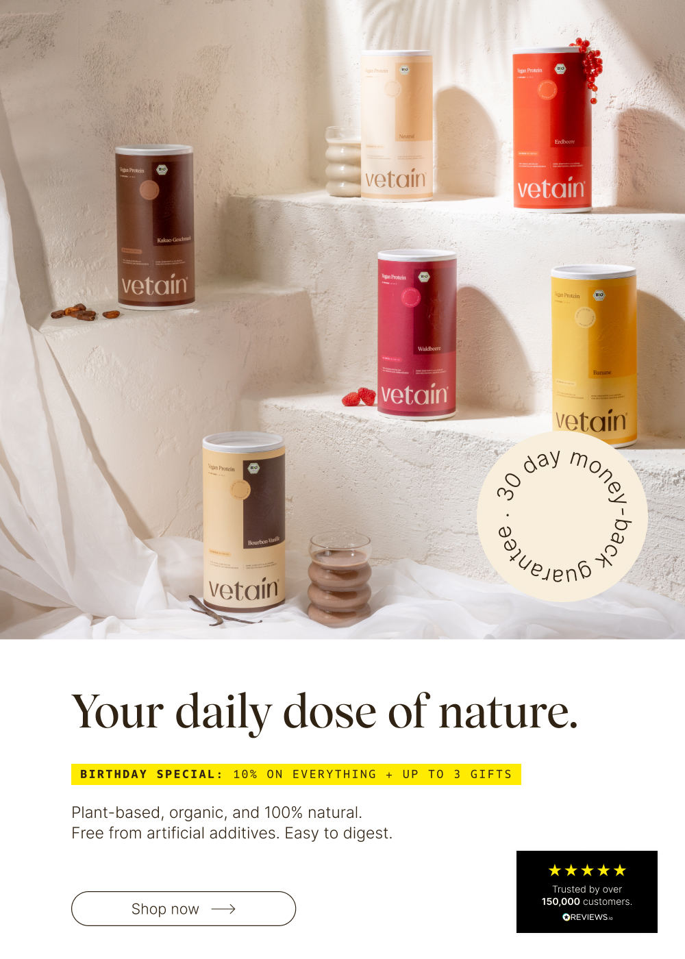 Vetain End of Summer Sale with 10% off the entire range and up to 3 free gifts. Plant-based, organic, and 100% natural. Free from artificial additives. Highly tolerable. 30-day money-back guarantee. Discover now