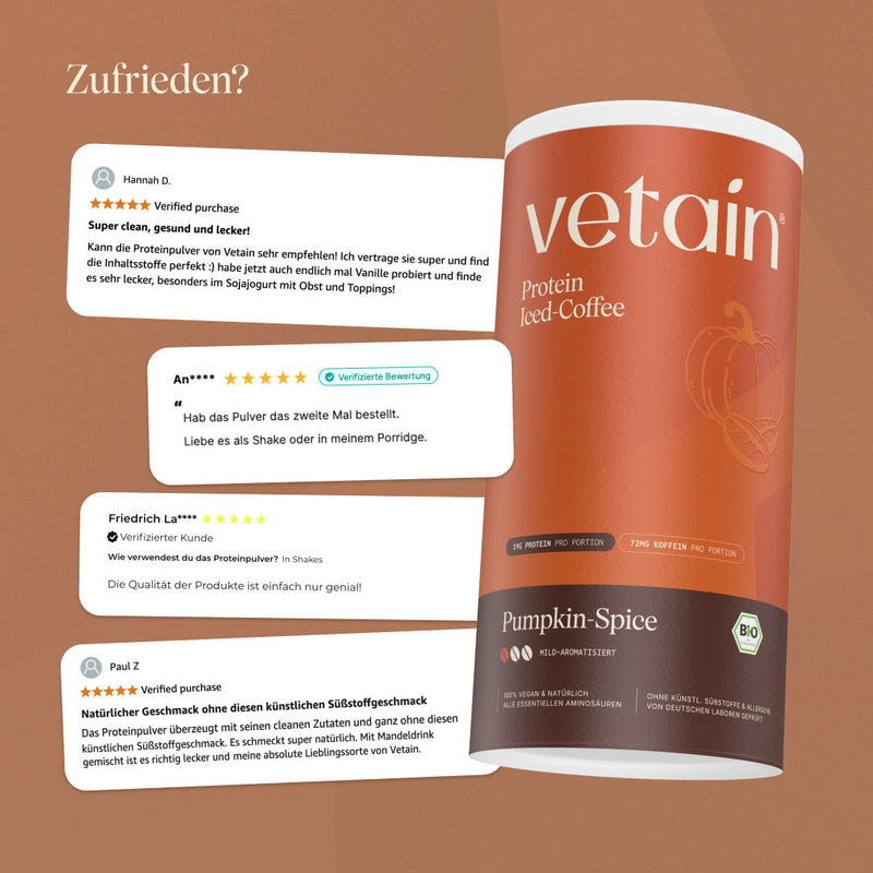 Customer reviews graphic “Satisfied?” with four 5-star reviews of Vetain Protein Iced Coffee Pumpkin Spice next to the product can.