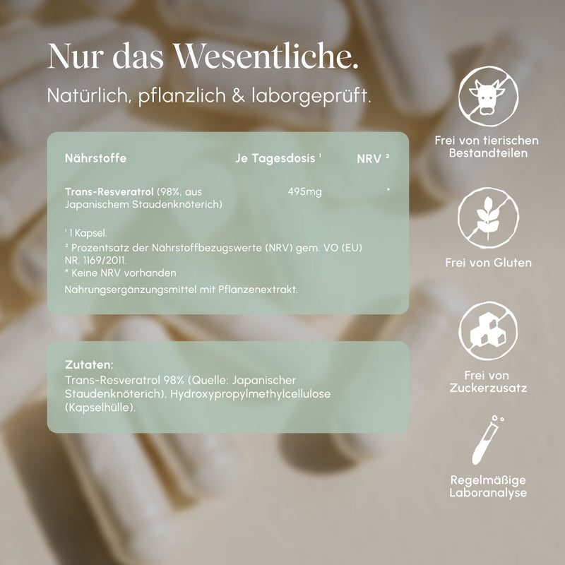 Nährwerte und Zutaten der Vetain Resveratrol Kapseln: 495 mg trans-Resveratrol aus Japanischem Staudenknöterich pro Kapsel