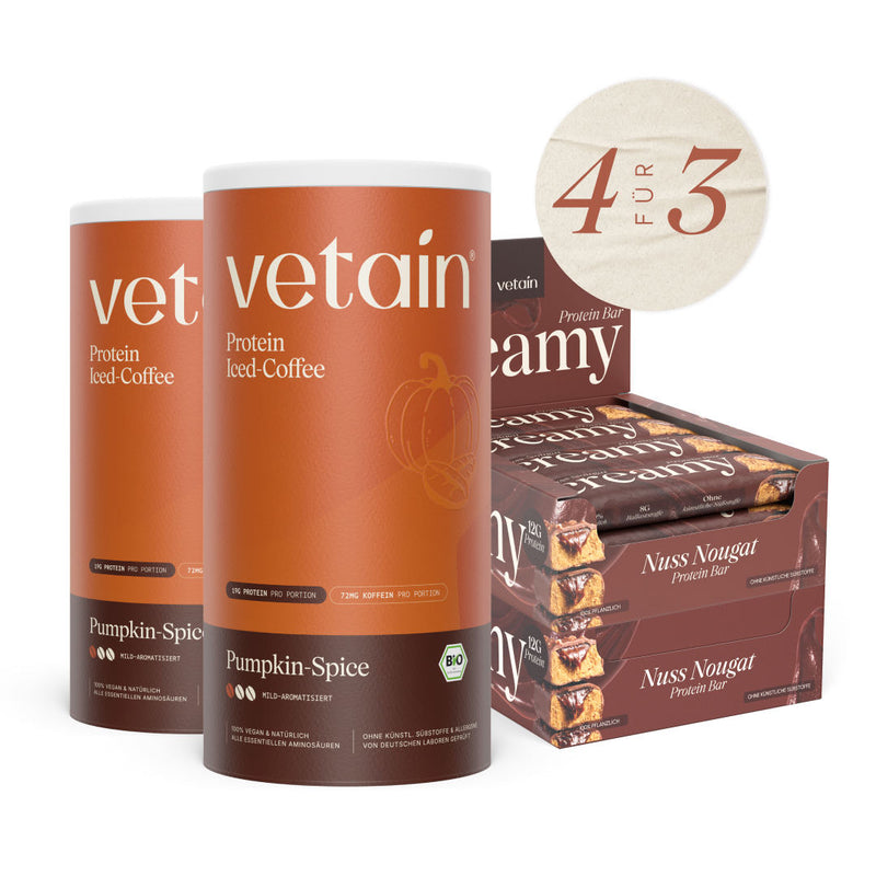 Vetain autumn bundle: two cans of Protein Iced Coffee Pumpkin Spice and boxes of Creamy Nut-Nougat Protein Bars, isolated on a white background. Promotional sticker “4 for 3”.
