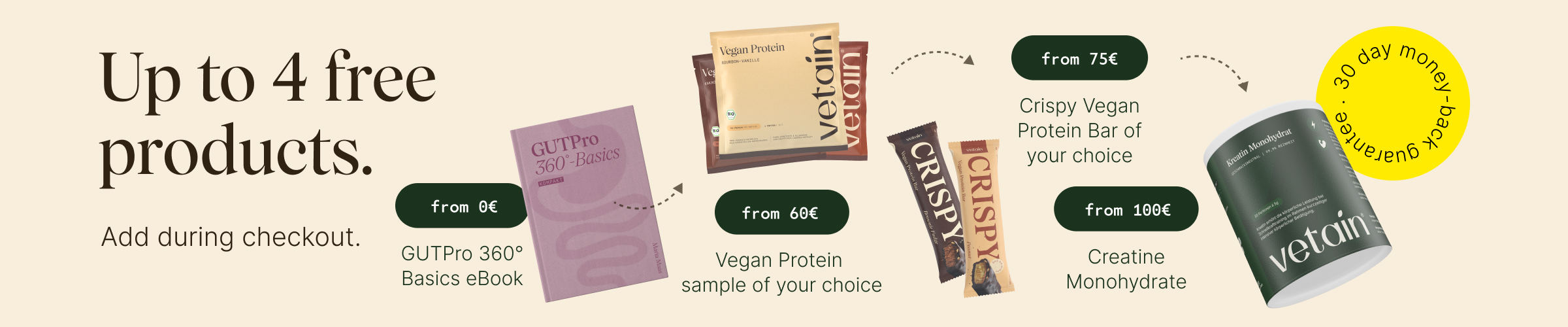 Vetain Fall Sale with up to 4 free products. Simply add to your shopping cart. From €0 GUTPro Basics eBook, from €60 vegan protein sample, from €75 crispy vegan protein bar, from €100 creatine