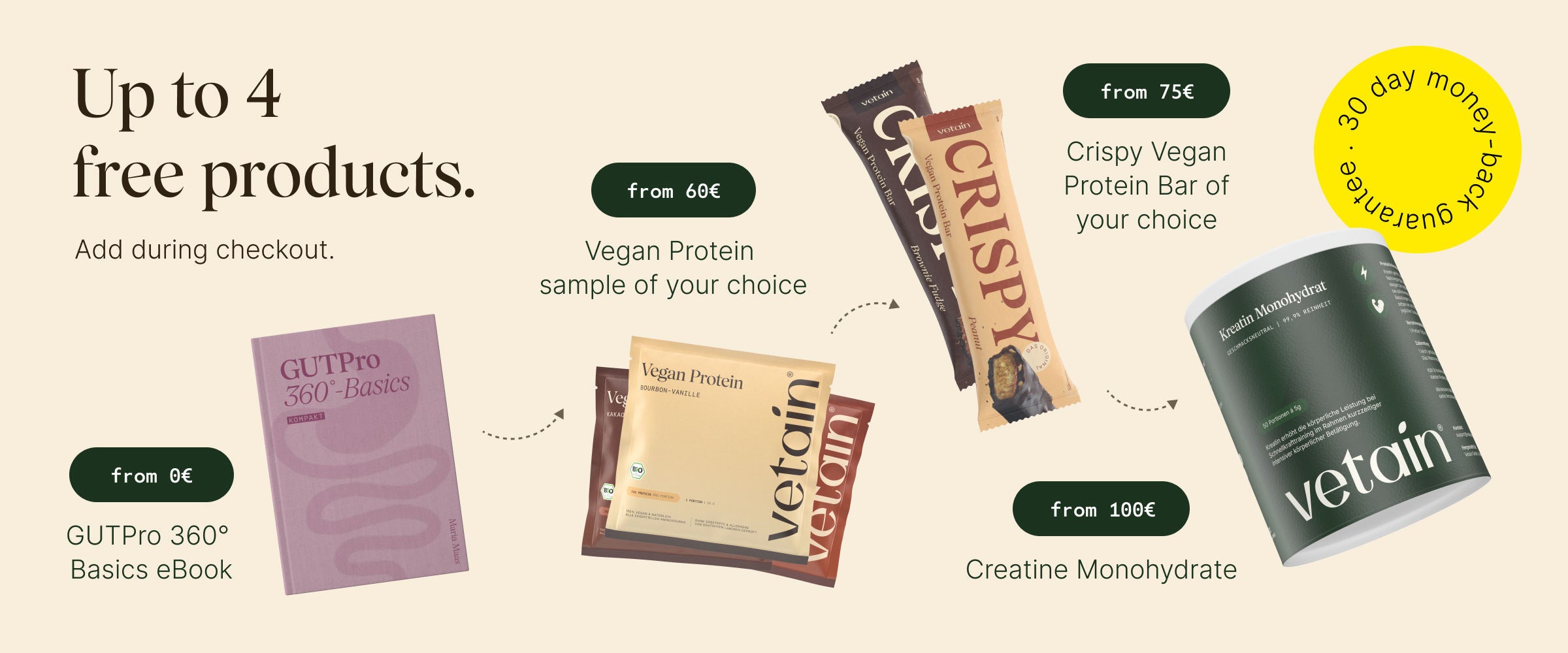 Vetain Fall Sale with up to 4 free products. Simply add to your shopping cart. From €0 GUTPro Basics eBook, from €60 vegan protein sample, from €75 crispy vegan protein bar, from €100 creatine