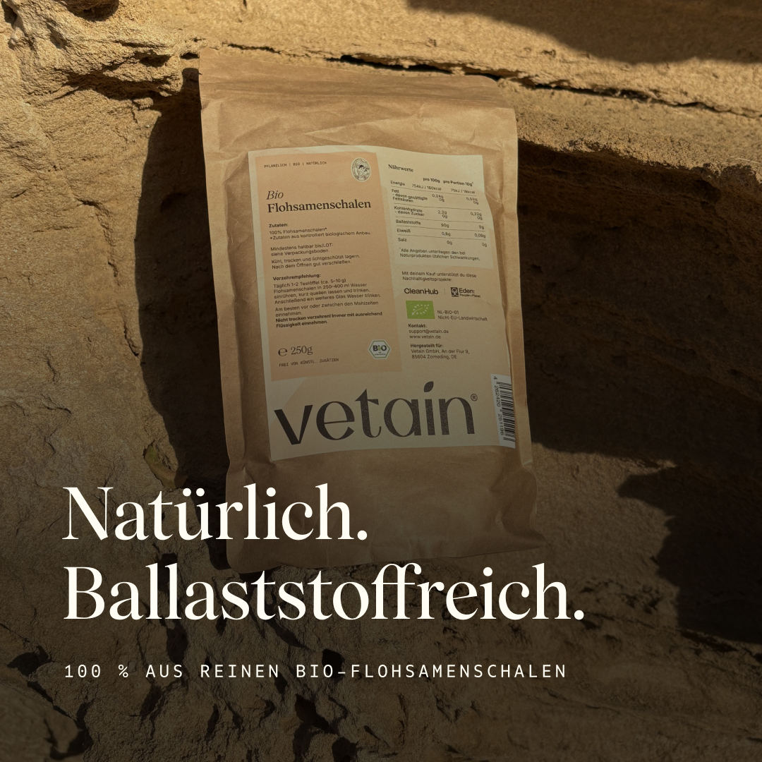 Vetain organic psyllium husks in a paper bag (250 g) on light sandstone in the sun. Text overlay "Natural. High in fiber." and "100% pure organic psyllium husks."