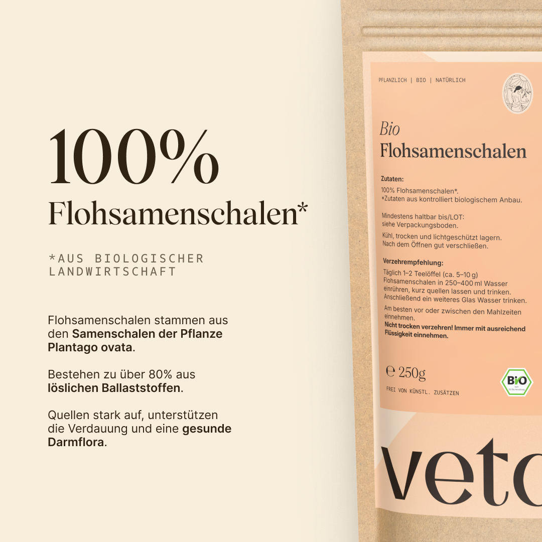 Vetain Bio-Flohsamenschalen aus 100% Flohsamenschalen aus biologischer Landwirtschaft. Bestehen zu über 80% aus löslichen Ballaststoffen