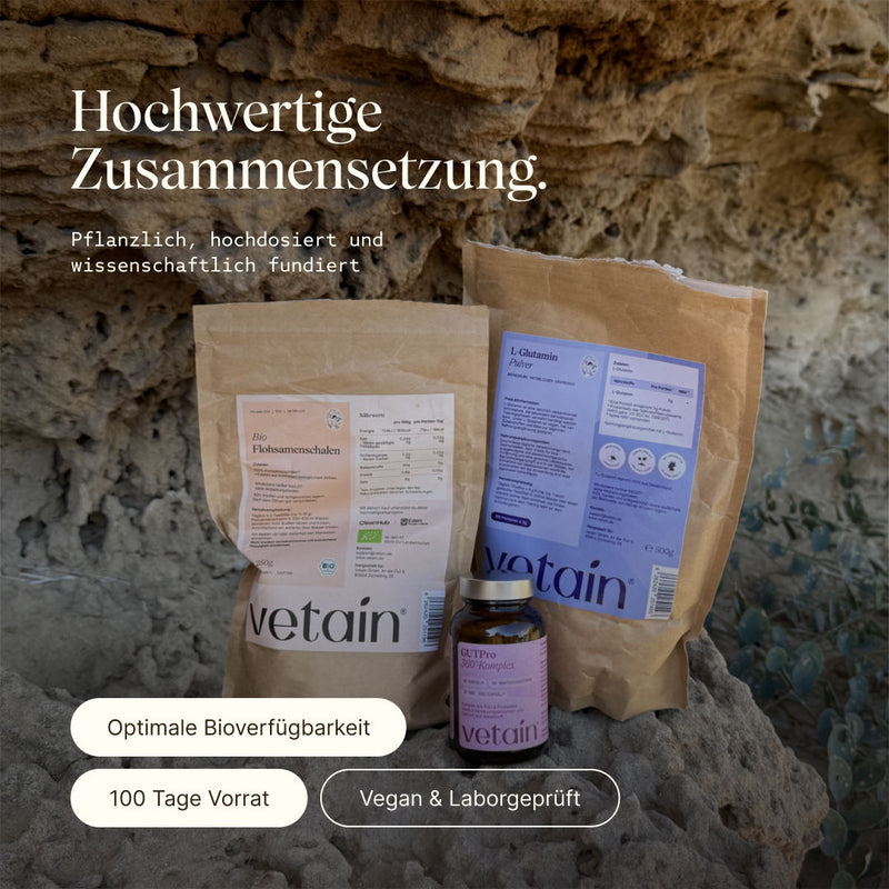 Vetain L-Glutamin in hochwertiger Zusammensetzung.Pflanzlich, hochdosiert und wissenschaftlich fundiert. Optimale Bioverfügbarkeit, 100 Tage Vorrat, vegan & laborgeprüft