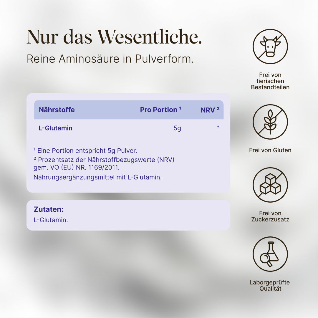 Vetain L-Glutamin. Reine Aminosäure in Pulverform mit einer Zutat: L-Glutamin. Frei von tierischen Bestandteilen, frei von Gluten, frei von Zuckerzusatz, laborgeprüfte Qualität